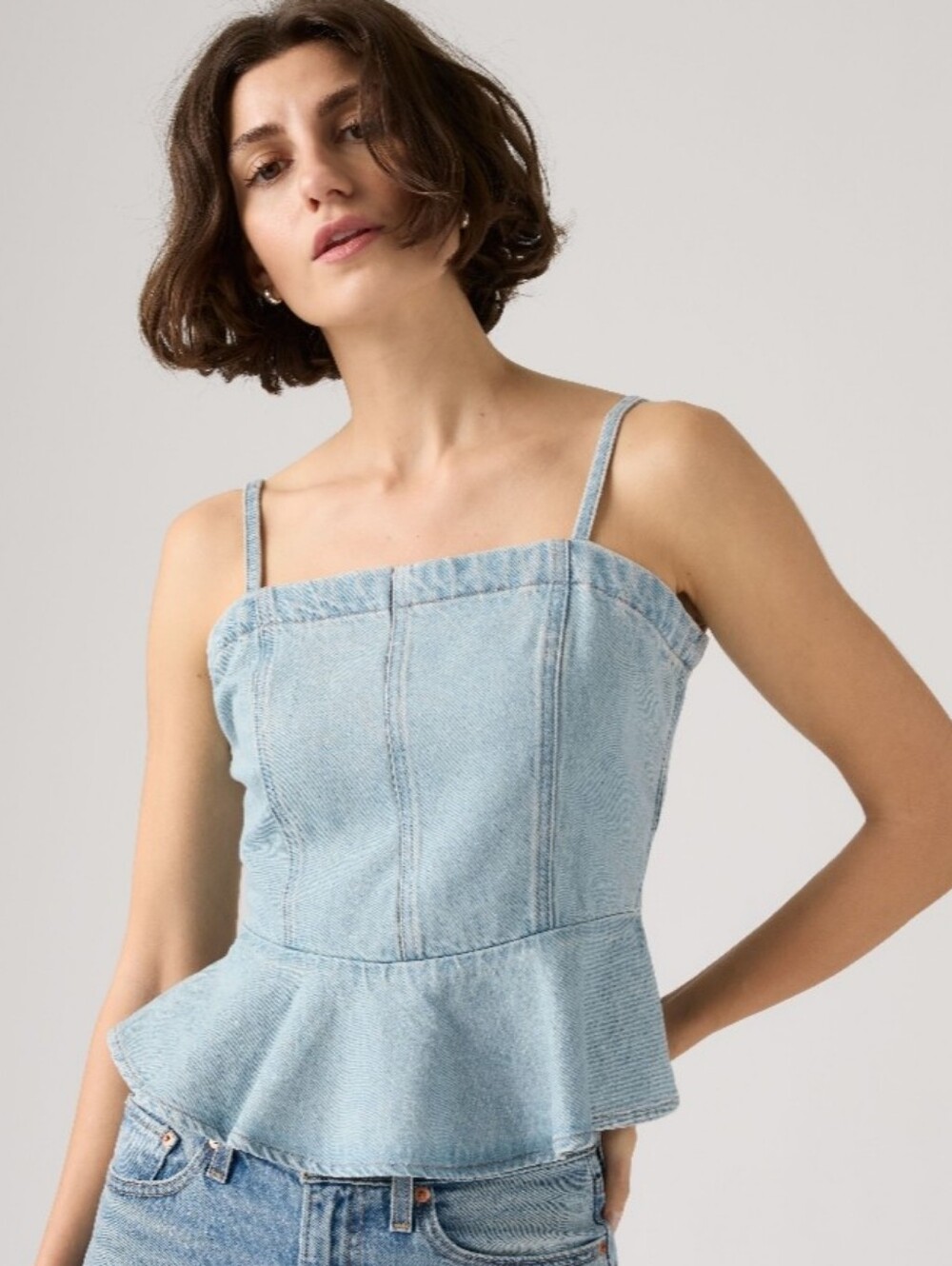 NWT Levi's Anderson Flounce Denim Peplum Top Cami Light Wash Women's Large